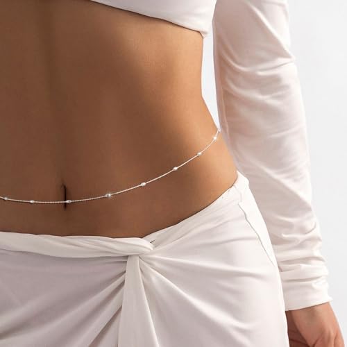 2PCS Gold Silver Waist Chain Adjustable Layered Belly Chain Body Chain Jewelry for Women Sexy Bikini Beach Boho Pearl Beaded Cuban Satellite Waist Chains - style: 2PCS-SL-O-chain+Bead