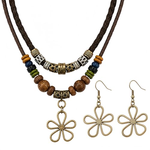 Boho Jewelry for Women, Vintage Pendant Necklace, Wooden Beads Layered Braided Choker, Tribal Leather Rope Bracelet and Earrings, Statement Bohemian Accessories - color: Flower set