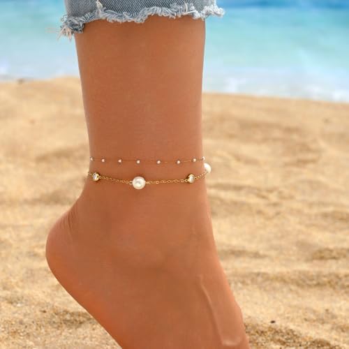 NONAMOIS 18K Gold Plated Diamond Ankle Bracelets for Women Waterproof Gold CZ Pearl Bow Link Chain Anklets Non Tarnish Summer Beach Foot Jewelry Gifts - color: Layered CZ &Pearl-Gold