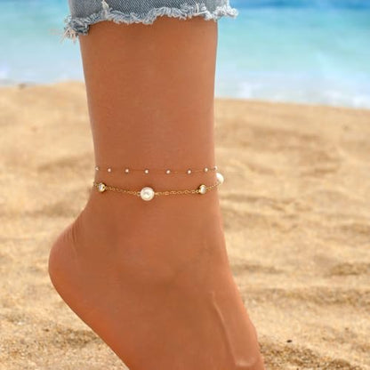 NONAMOIS 18K Gold Plated Diamond Ankle Bracelets for Women Waterproof Gold CZ Pearl Bow Link Chain Anklets Non Tarnish Summer Beach Foot Jewelry Gifts - color: Layered CZ &Pearl-Gold