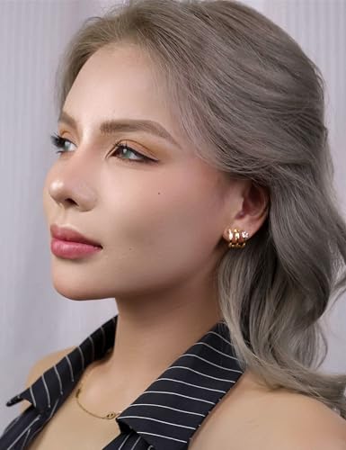 FAN&LOUIS Clip On Earrings Women, Gold Silver Triple Huggie Stud Clip-on Earrings Cubic Zirconia|Double Huggie Hoop Gold Hoop Earrings Clips for Women Trendy Lightweight - style: Gold and Silver