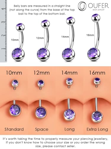OUFER Titanium Belly Button Rings, Internally Threaded Belly Ring, Round CZ Navel Rings for Women Men - color: Purple, size: 1.6*12MM