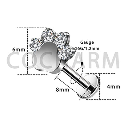 G23 Titanium Cartilage Earring Stud for Helix 16g Flat Back Dog Paw Cartilage Piercing Jewelry Front Top Screw Helix Tragus Earrings - color: Paw