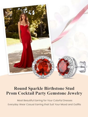 Bestyle Authentic 925 Sterling Silver 2 Carat Birthstone Earrings for Women, More Sparkle Heart/Round Solitaire Diamond Studs Earrings, Great Birthday/Christmas/Anniversary Jewelry for Wife Mother - color: 07. July Ruby-Round
