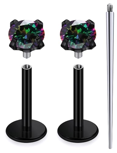 18G 16G 14G Internally Threaded Nose Rings Studs Flat Back Earrings Surgical Steel CZ Nose Rings Stud Tragus Helix Conch Cartilage Earrings Stud Piercing Jewelry For Women Men Hypoallergenic - color: Black-Rainbow CZ, size: 16 Gauge-6mm Bar-3mm CZ