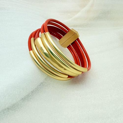 Bracelets for Women Leather Bracelet Multi-Layer Rope Wrap Bangle 14k Gold Plated Cirle Hollow Tube Boho Cuff Bangle Bracelets for Women Gift - style: Tube-Orange Leather Bracelet