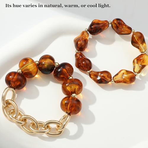 Boho Beaded Stretch Bracelets For Women Stackable Crystal Gold Plated Beaded Bracelets Set Trendy Handmade Friendship Braeclet Jewelry Gifts - color: L-Brown Amber 2pcs