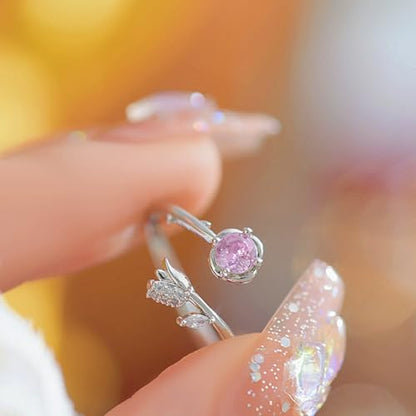 Adjustable Leaf Stackable Rings for Women Cubic Zirconia Stones Blue Leaves Purple Flower Open Band Stacking Finger Sliver Rings Fashion Plant Floral Aesthetic CZ Jewelry - color: rose flower
