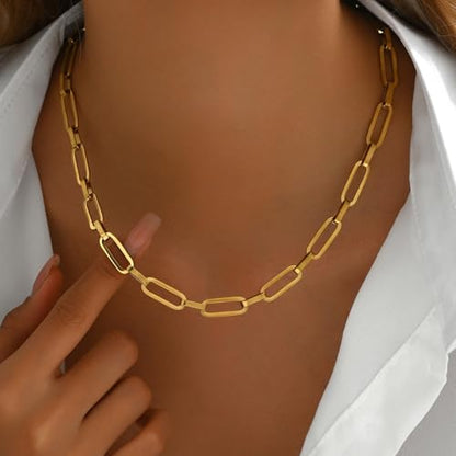 18K Gold Plated Chunky Chain Necklace for Women Dainty Cuban Paperclip Chain Toggle Bar Clasp Necklace Thick Trendy Layering Gold Chain Link Stainless Steel Jewelry - style: Paperclip-Gold