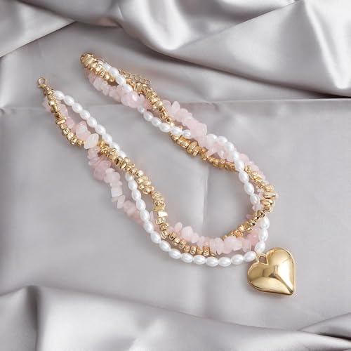 Layered Gold Necklace for Women Boho Turquoise Beaded Chain Set with Long Coin Pendant Trendy Y Necklace for Everyday Jewelry Gifts boho fashion fall fashion jewelry womens fashion - color: B-Heart shaped multi-layered necklace