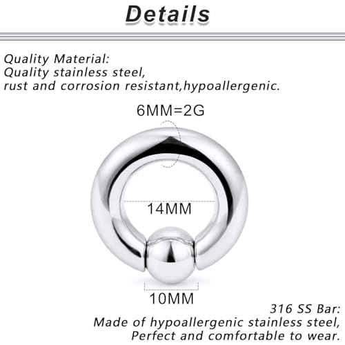 12G 10G 8G 6G 4G 2G 0G 00G Large Septum Rings Gauges Earrings Hoops 316L Surgical Steel Spring Action Captive Bead PA Ring CBR Septum Nose Rings Piercing Jewelry for Women Men - color: Silver, size: 2G=6mm Inner Dia: 9/16" (14mm)
