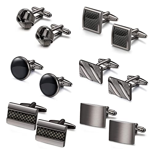 FIBO STEEL Cufflinks for Men Classic Black Cufflink Set Unique Round Square Rectangle Cuff Links for Business Shirt Formal Wedding Tuxedo Groom Suit Accessories Men Present - color: B: 6 Pairs