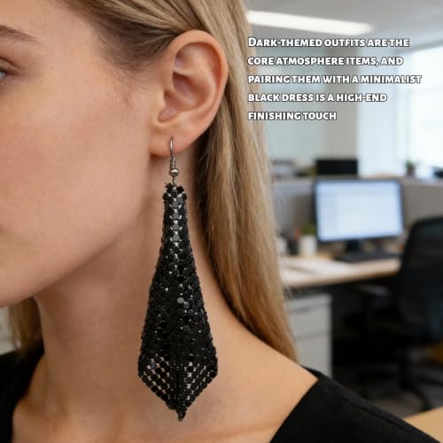 Mesh Sequin Tassel Long Drop Earrings for Women, Lightweight Metal Grid Fringe Dangle Earrings, Colorful Sparkly Alloy Wedding Bridal Party Jewelry (1 pair) - color: Black