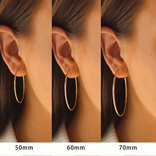 3 Pairs Sterling Silver Large Hoop Earrings Set for Women 40 50 60MM | 14K White Gold Plated, Hypoallergenic - style: H:Gold 50mm 60mm 70mm