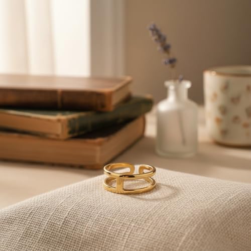 Gold Open Geometric Adjustable Ring, 18K Yellow Gold Plated over Stainless Steel, Modern Minimalist Design, Women's Fashion Jewelry, Tarnish Resistant, Adjustable sizes 6-8