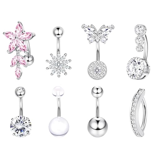 Dochais Pink Heart Belly Button Ring Piercing 8Pcs 14G Surgical Stainless Steel Navel Piercing Hypoallergenic Cute Created-opal Butterfly Belly Button Rings for Women - color: Silver-1