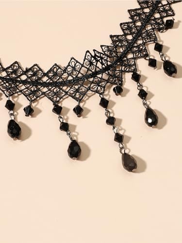 Lace Choker Necklace for Women Tassel Pendant Choker Necklaces Elegant Boho Collar Necklaces Statement Artistic Chain Necklace with Pearl Halloween Party Cosplay Costume Jewelry - color: Black Beads-1