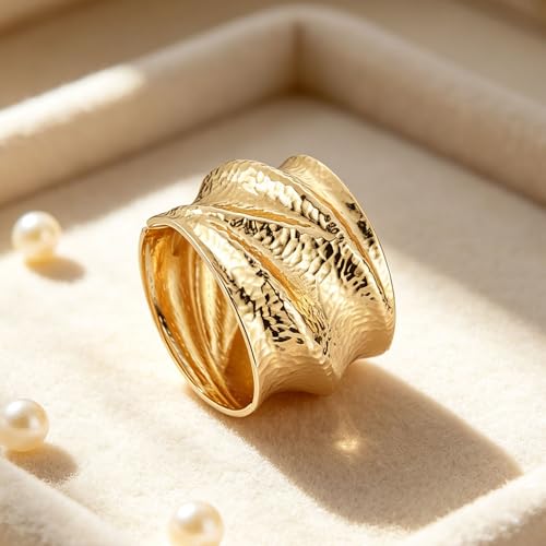 AsAlways 14K Gold Plated Hammered Cuff Bracelet for Women Wide Textured Open Cuff Bangle Statement Gold Chunky Bracelet Jewelry Gift - color: 01 Gold
