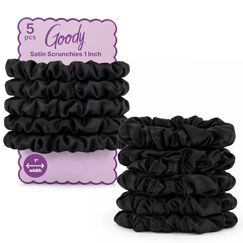 Goody Ouchless One Inch Satin Scrunchies, Frizz Fighting, No Damage Scrunchies, Gentle, Secure & Creaseless Hair Ties for Day and Overnight, All Hair Types, Gifts for Women & Girls, 5 Ct, Black - style: 1 Inch/Large