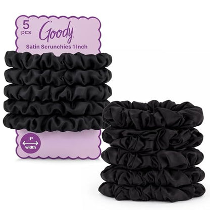 Goody Ouchless One Inch Satin Scrunchies, Frizz Fighting, No Damage Scrunchies, Gentle, Secure & Creaseless Hair Ties for Day and Overnight, All Hair Types, Gifts for Women & Girls, 5 Ct, Black - style: 1 Inch/Large
