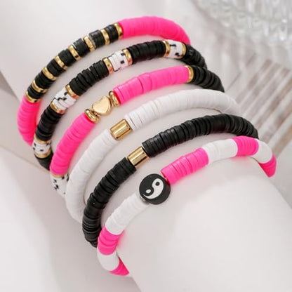 Friendship Bracelets for Women - Heishi Surfer Colorful Smile Evil Eye Clay Beaded Stretch Bracelets Elastic Layering - Stackable Boho Disc Y2K Aesthetic Summer Jewelry Set. - color: TS-5PC-hero