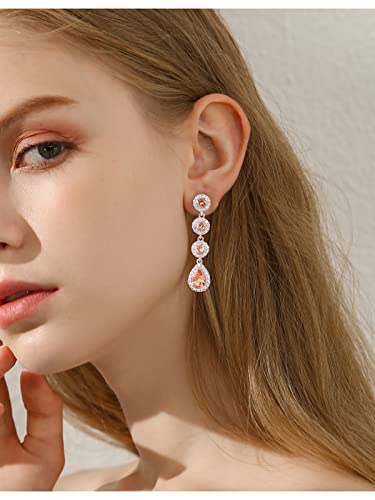 Women's Cubic Zirconia Bridal Earrings - Elegant Long Wedding Party Prom Earring for Bride Bridesmaids Crystal CZ Rhinestone Chandelier Statement Dangle Drop Earrings for girls - color: Champagne-silver