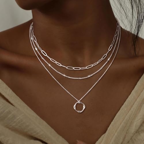 CHESKY Layered Silver Necklace for Women Trendy,Dainty Silver Plated Stackable Charm Necklace Layering Paperclip Tennis Rope Chain CZ Pendant Jewelry Set Gifts - style: paperclip