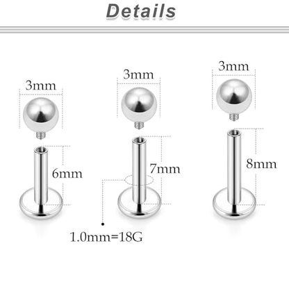 20G 18G 16G 14G 12G Lip Labret Medusa Monroe Rings Studs 316L Surgical Steel Flat Back Tragus Helix Cartilage Earring Stud Piercing Jewelry Bar Length 8mm 10mm 12mm Mix Color 18PCS - color: Silver, size: 18G(1.0mm)-6/7/8mm Bars-3mm Balls