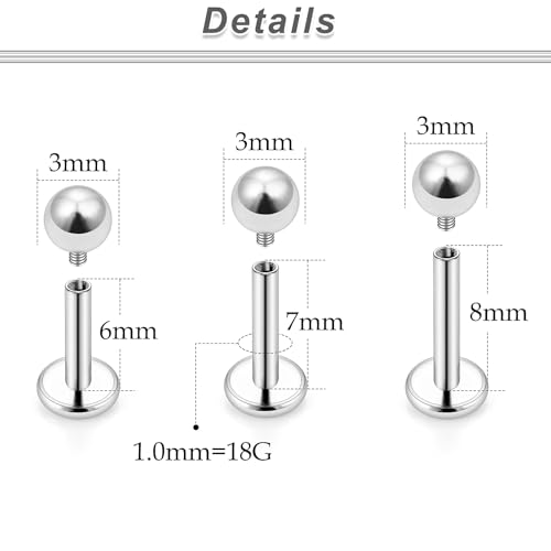 20G 18G 16G 14G 12G Lip Labret Medusa Monroe Rings Studs 316L Surgical Steel Flat Back Tragus Helix Cartilage Earring Stud Piercing Jewelry Bar Length 8mm 10mm 12mm Mix Color 18PCS - color: Silver, size: 18G(1.0mm)-6/7/8mm Bars-3mm Balls