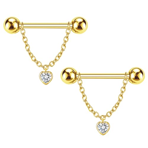 14G Nipple Rings for Women 316L Stainless Steel Dangle Nipple Barbell Nipple Studs Rings Nipple Piercing Jewelry - color: gold heart