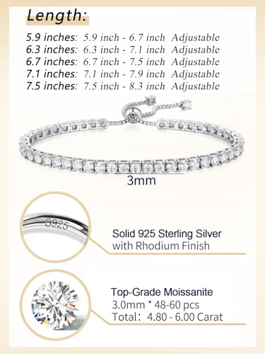 CYW 2mm/3mm All Moissanite Tennis Bracelet for Women, Solid 925 Sterling Silver, 5.5-7.5inch (14-19cm), with 2cm Adjustable Chain Extender, Birthday Anniversary Valentines Mothers Day Ideal Gift - color: 3mm - White Gold, size: 6.3 Inches
