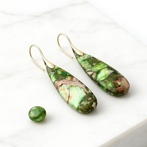 Boho Natural Imperial Jasper Teardrop Dangle Earrings for Women – Hypoallergenic French Hook Stone Drop Earrings Jewelry - color: Green Golden Hook #2