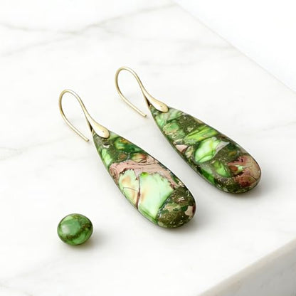 Boho Natural Imperial Jasper Teardrop Dangle Earrings for Women – Hypoallergenic French Hook Stone Drop Earrings Jewelry - color: Green Golden Hook #2