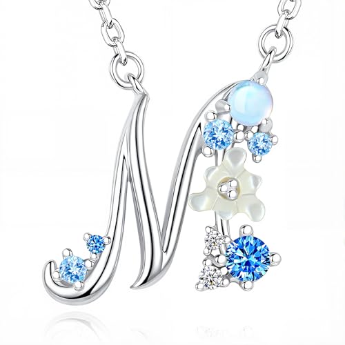 VIKI LYNN Initial Necklace for Women 925 Sterling Silver Initial A to Z Letter Pendant Necklace with Blue Flower Cubic Zirconia Birthday Engagement Gift for Women,Mom, Couple - style: Letter M