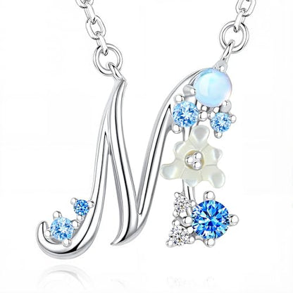 VIKI LYNN Initial Necklace for Women 925 Sterling Silver Initial A to Z Letter Pendant Necklace with Blue Flower Cubic Zirconia Birthday Engagement Gift for Women,Mom, Couple - style: Letter M