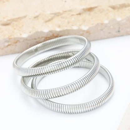 Gold Chunky Stretch Snake Chain Bangle Bracelets Stack for Women Trendy, 18K Gold Filled Stainless Steel Stretchy Womens Stackable Wristband Bangles Bracelet Set - style: 3PCS SILVER 10MM EACH