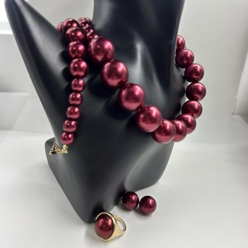 White Faux Pearl Necklace and Earrings Set Big Large Pearl Bead Ball Beaded Choker Necklace Black Pink Pearls Statement Bracelet Ring for Women - color: deep red