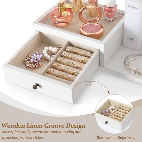 VINAEMO Jewelry Organizer Hanging Wall Mounted Jewelry Holder with Rustic Wood Drawer & Large Capacity Storage Shelf Rack Display for Earrings Rings Necklaces Bracelet(White Iron) - color: White Iron