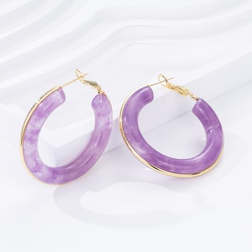 Chunky Gold Resin Hoop Earrings Leverback Statement Huggie Hoops Dangle Drop Dressy Earring Prom Festival Vacation Jewelry for Women - color: Purple, size: Hoop