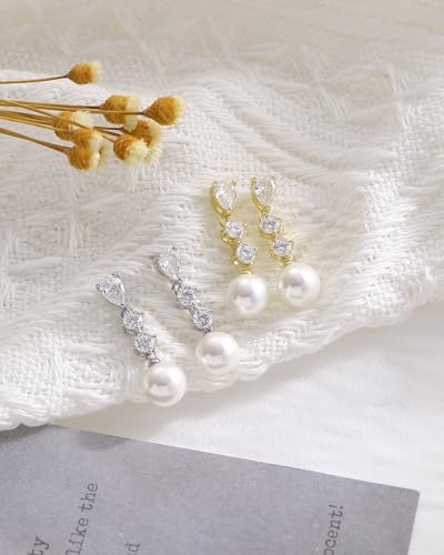 Pearl Earrings for Women, 14k Gold Plated Trendy Diamond Pearl Drop Earrings Bridal Shower Gifts Wedding jewelry for Women - color: Style F Gold