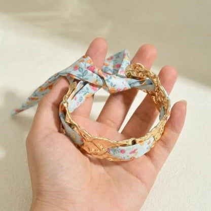 Gold Cuff Bracelets for Women, Boho Western Scarf Bracelet with Ribbon Bow, Adjustable Open Bangle Hair Tie Bracelet, Blue Paisley Bandana Wrist Cuff, Stainless Steel Vacation Festival Jewelry - color: a4:pink