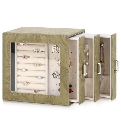 DesignSter Jewelry Box Organizer, Jewelry Box for Women, PU Jewelry Organizer Display Case with Side Drawers, Jewelry Storage for Earring Necklace Ring Bracelet Watch - color: Oliver Green