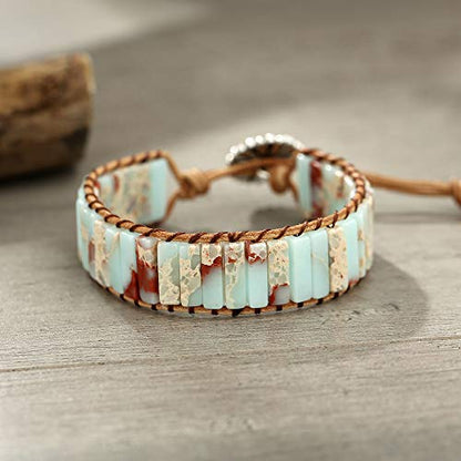 Plumiss Women Boho Handmade Natural Stone Crystal Leather Bead Wrap Bracelets Collection - style: Agalmatolite