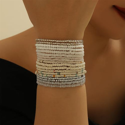 18Pcs Boho Stackable Beaded Bracelets for Women Colorful Handmade Multilayered Rice Beads Anklets Set Summer Beach Bohemian Jewelry Gift - color: Style 1 White