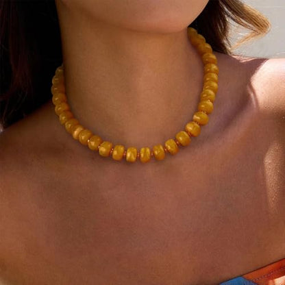Beaded necklace for Women Boho Bead Gemstone Chunky Necklace Big Bead Necklace Fashion Trendy Summer Necklaces Jewelry Gifts - color: Yellow Beaded