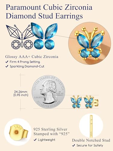 Suplight Butterfly Stud Earrings 925 Sterling Silver 14K Gold Brithstone Earrings for Women Brithstone Jewelry Gifts - color: 12.December (Blue Topaz), size: Gold