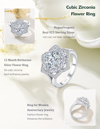 Flower Engagement Promise Ring Sterling Silver Birthstone Rings for Women Sapphire/Emerald/Ruby Gemstone Six Leaf Clover Statement Cocktail Ring Size 6 to 10 - style: 04. April-Created Diamond