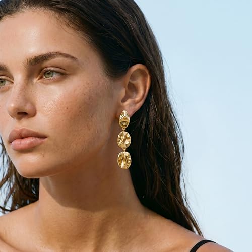 Gold Dangle Earrings for Women,Chunky 14K Gold Plated Drop Dangle Stud Earrings Long Statement Hammered Earring Hypoallergenic Jewelry for Women Gifts - style: Irregular Hammered-GD