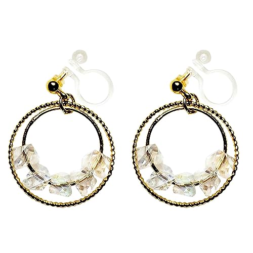 Dangle Silver Invisible Clip On Earrings for Women Not Pierced Gold Crystal Rhinestone Comfortable Hoop Fringe Long Chain Clip On Earrings - color: Hoop Gold