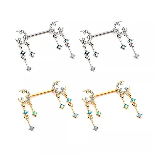 Pierced Owl 14GA 316L Stainless Steel Gemmed Crescent Moon and Star with Dangling Charms Nipple Barbells, Sold as a Pair - style: Gold Tone